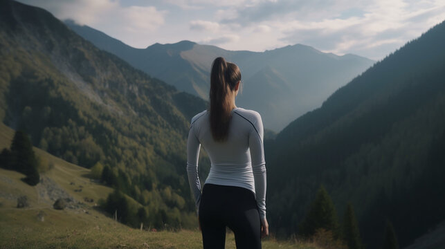 Woman dressed sportwear with mountains landscape, Travel, Sport woman, Trekking, Generative AI	