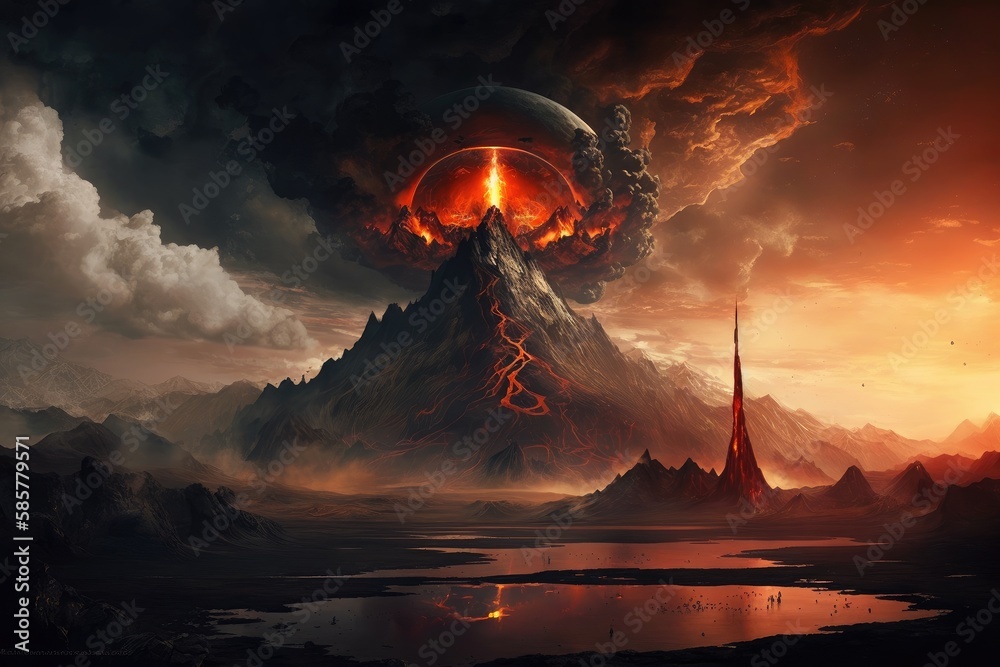 Poster mordor landscape with smoking volcano in the background, created with generative ai