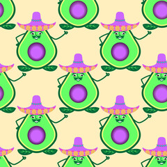 avocado in the cut. a cheerful mustachioed Mexican man in a sombrero on a beige background. ripe fruit. bright colorful stylized poster. seamless pattern. cover. children's print.
