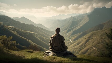 Man meditation in the mountains. Generative AI