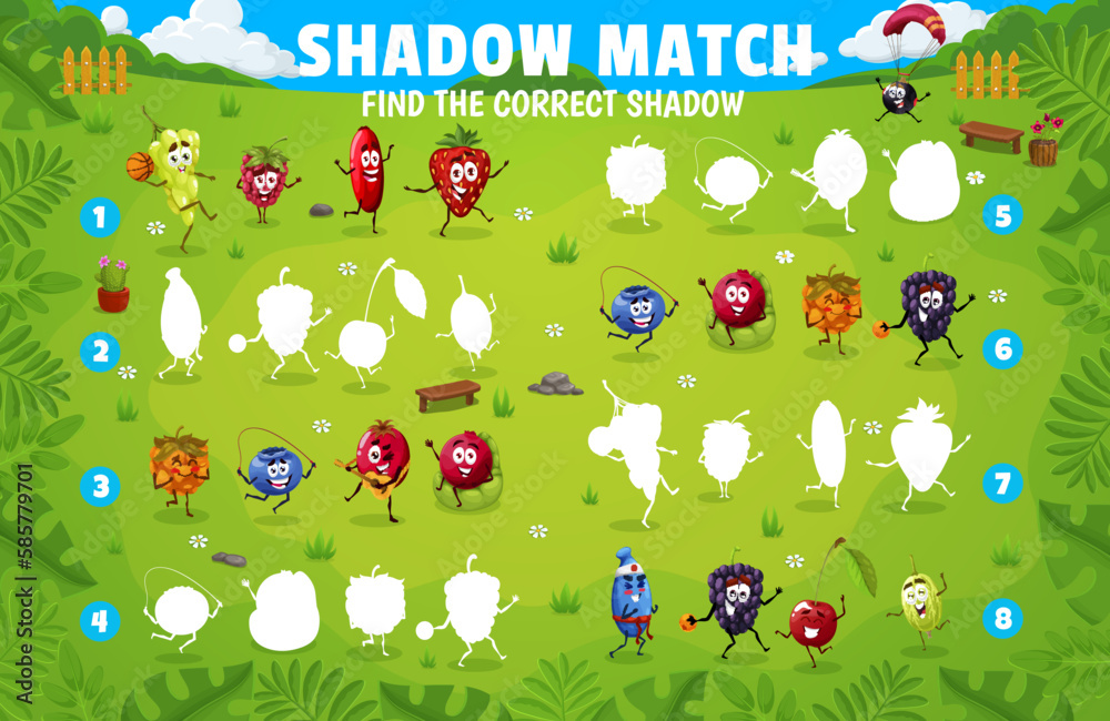 Poster shadow match game worksheet. cartoon berry characters on summer party. kids playing activity, silhou