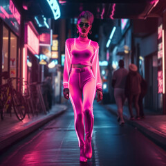 A model girl in a pink tracksuit under neon lights, fashion generative ai