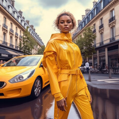 The model girl on the street in a yellow suit, fashion generative ai