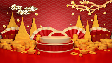 Happy chinese new year for party and podium celebrations with space for message Isolated in background. 3D illustration, 3D rendering	