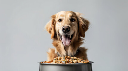 Pampered Pooch: Delighted Dog Enjoying a Hearty Meal. Smiling happy dog standing in front of bowl with dog food on plain background. Generative AI - obrazy, fototapety, plakaty