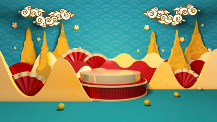 Happy chinese new year for party and podium celebrations with space for message Isolated in background. 3D illustration, 3D rendering	