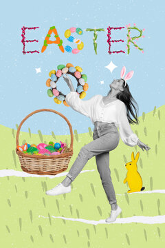 Conceptual collage photo young charming female walking nature lawn enjoy holy Easter blessing hold handicraft wreath basket