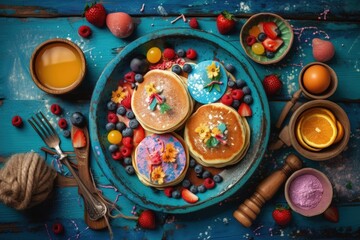 Fototapeta premium plate of pancakes with fresh fruit toppings on a blue background. Generative AI