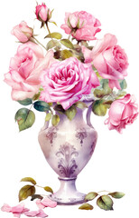 pink rose flower in vase watercolor