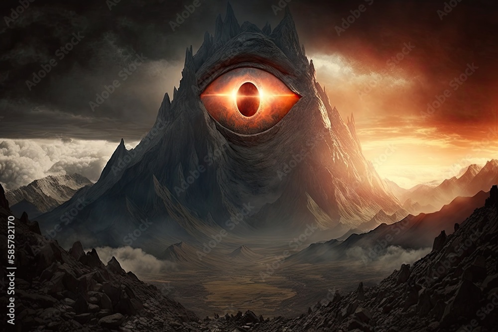 Sticker mordor landscape, with eye of sauron glaring down upon it, created with generative ai