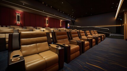 Naklejka premium A fictional person. Modern Movie Theater Bathed in Ambient Light
