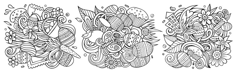 Fototapeta premium Happy Easter cartoon vector doodle designs set.