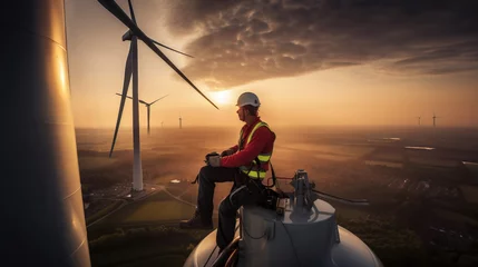 Zelfklevend Fotobehang A fictional person. Skilled worker servicing wind turbine in the vast landscape © Dangubic