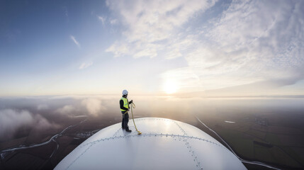 A fictional person. Skilled worker servicing wind turbine in the vast landscape