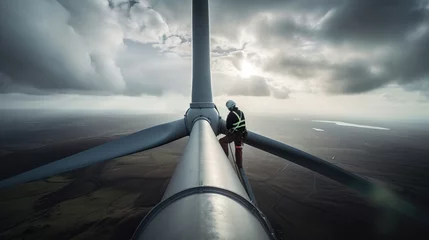 Tuinposter A fictional person. Skilled worker servicing wind turbine in the vast landscape © Dangubic