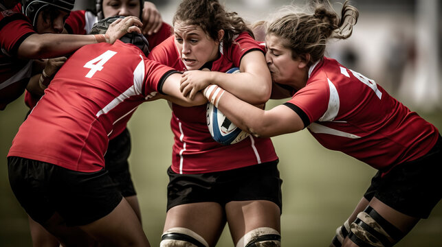 A fictional person.  Intense Female Rugby Match in Action