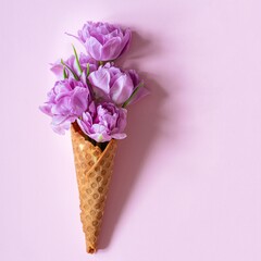 Wafer (waffle) cone with tulips on a pink background. Flower ice cream, spring concept with first flowers.