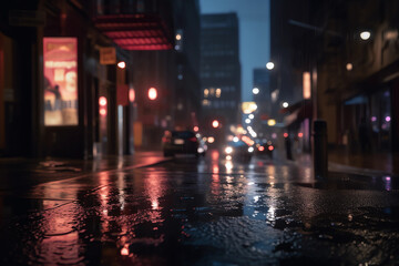 Low angle blurred photography of city lights by night on a rainy day. New York street city lights out of focus.