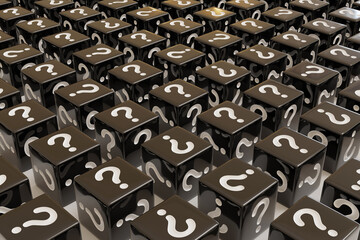 Obraz premium Black dice with question marks on their faces. Background. 3d illustration.