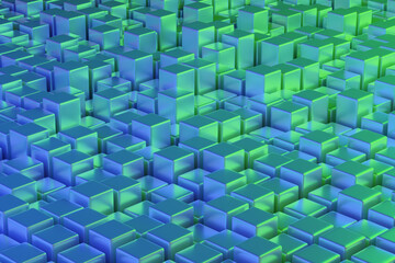 Green and blue quadrangular prisms. Geometric background. 3d illustration.