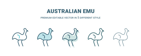 Fototapeta na wymiar australian emu icon in 5 different style. Outline, filled, two color, thin australian emu icon isolated on white background. Editable vector can be used web and mobile