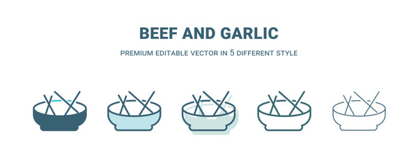 beef and garlic icon in 5 different style. Outline, filled, two color, thin beef and garlic icon isolated on white background. Editable vector can be used web and mobile