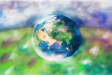 Obraz na płótnie Canvas planet earth over defocused nature background with copy space, watercolor. Generative Ai