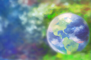 Obraz na płótnie Canvas planet earth over defocused nature background with copy space, watercolor. Generative Ai