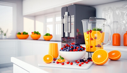 mixer of fruit orange juice and berry with salads dish breakfast on the table in the modern kitchen,  Generative ai