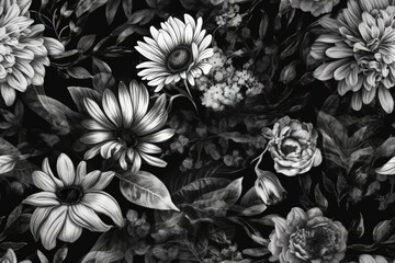 monochromatic photograph featuring a vibrant bouquet of flowers. Generative AI