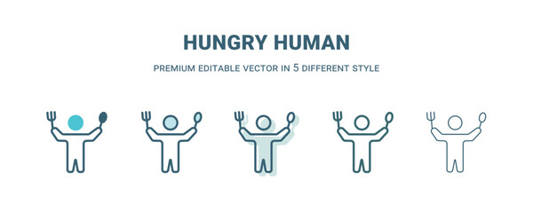 hungry human icon in 5 different style. Outline, filled, two color, thin hungry human icon isolated on white background. Editable vector can be used web and mobile