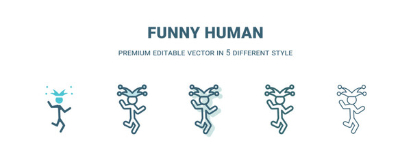 funny human icon in 5 different style. Outline, filled, two color, thin funny human icon isolated on white background. Editable vector can be used web and mobile