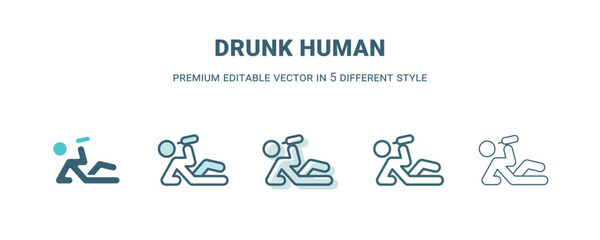 drunk human icon in 5 different style. Outline, filled, two color, thin drunk human icon isolated on white background. Editable vector can be used web and mobile