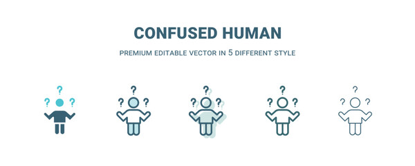 confused human icon in 5 different style. Outline, filled, two color, thin confused human icon isolated on white background. Editable vector can be used web and mobile