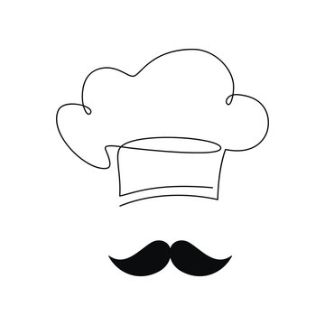 recommend clip art: Flat black mustache and chef hat vector one line continuous drawing illustration. Hand drawn linear silhouette. Minimal outline design element for print, banner, card, brochure, poster, menu, logo.