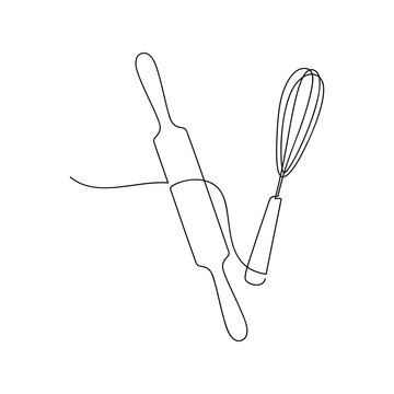 Whisk and rolling pin kitchen utensils vector one line continuous drawing illustration. Hand drawn linear cooking icon. Minimal outline design element, print, card, brochure, poster, menu, logo.