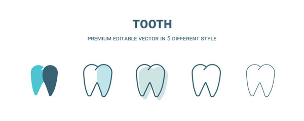 tooth icon in 5 different style. Outline, filled, two color, thin tooth icon isolated on white background. Editable vector can be used web and mobile