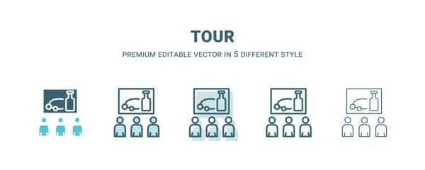 tour icon in 5 different style. Outline, filled, two color, thin tour icon isolated on white background. Editable vector can be used web and mobile