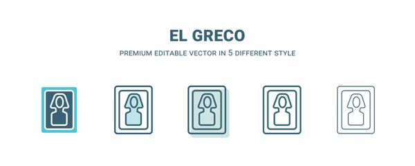 el greco icon in 5 different style. Outline, filled, two color, thin el greco icon isolated on white background. Editable vector can be used web and mobile