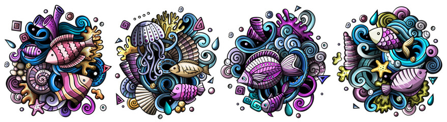 Underwater life cartoon vector doodle designs set.