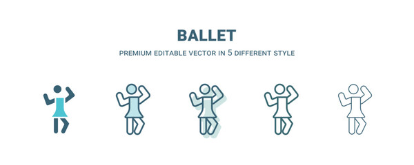 ballet icon in 5 different style. Outline, filled, two color, thin ballet icon isolated on white background. Editable vector can be used web and mobile