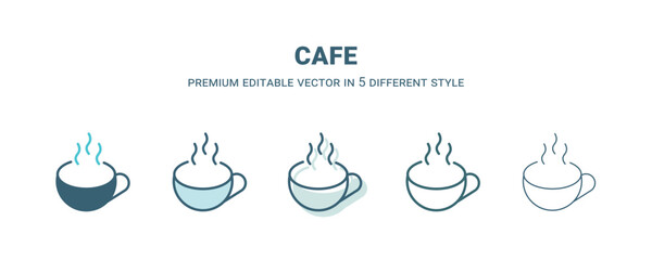 cafe icon in 5 different style. Outline, filled, two color, thin cafe icon isolated on white background. Editable vector can be used web and mobile