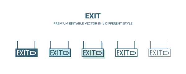 exit icon in 5 different style. Outline, filled, two color, thin exit icon isolated on white background. Editable vector can be used web and mobile