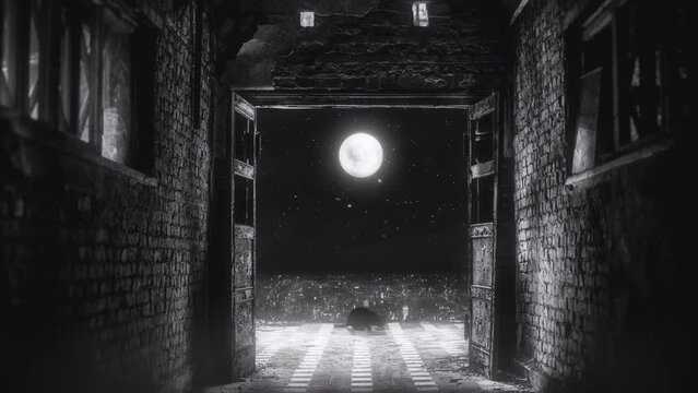Moonlight City Skyline Zoom In Hallway Door Vintage Style Stray Cat Eating. Zooming through an open door to the full moon above a city. Stray cat eating on the ground, retro style