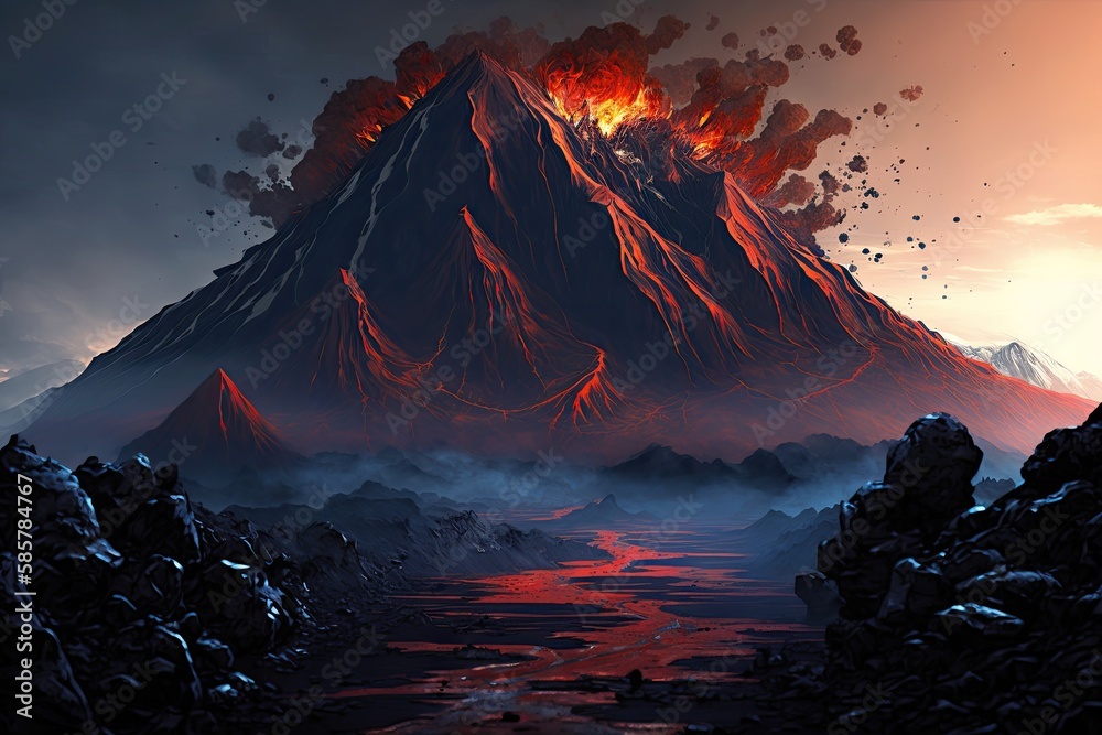 Poster rocky outcropping, with view of fiery mount doom in the distance, created with generative ai