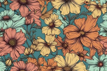 colorful flowers on a vibrant blue background. Generative AI