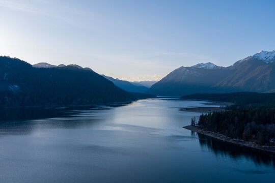 Aerial view of Lake Cushman and the Olympic Mountains of Washington State at sunset © George