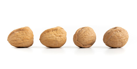 Walnuts in a raw. Close-up picture of dried fruits isolated on white backgroud.