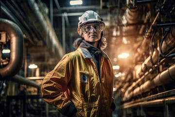 Fototapeta na wymiar Middle age female worker in yellow protective gear, with a protective helmet and goggles, in front of an oil and gas production industrial facility at night time, generative ai, 
