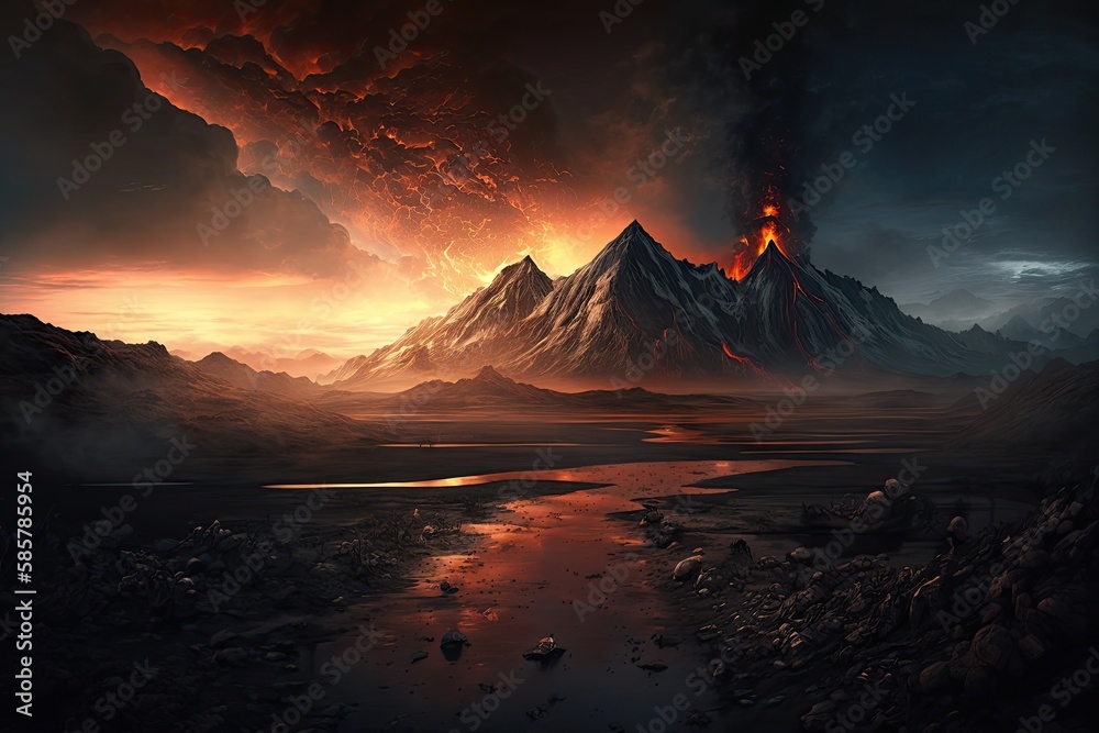 Canvas Prints mordor land, with view of fiery mountain range and black smoke rising from the fires, created with generative ai